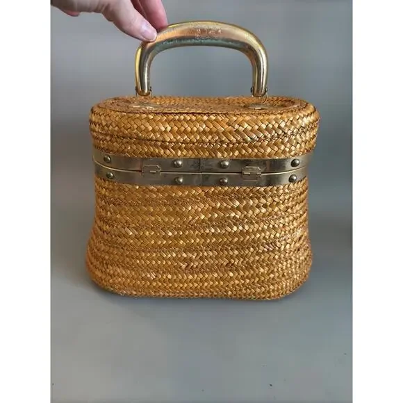 Vtg Straw Purse Oval Box Handbag Fabric Lined 1950s/ 1960s Italy - Read Details - Picture 4 of 15